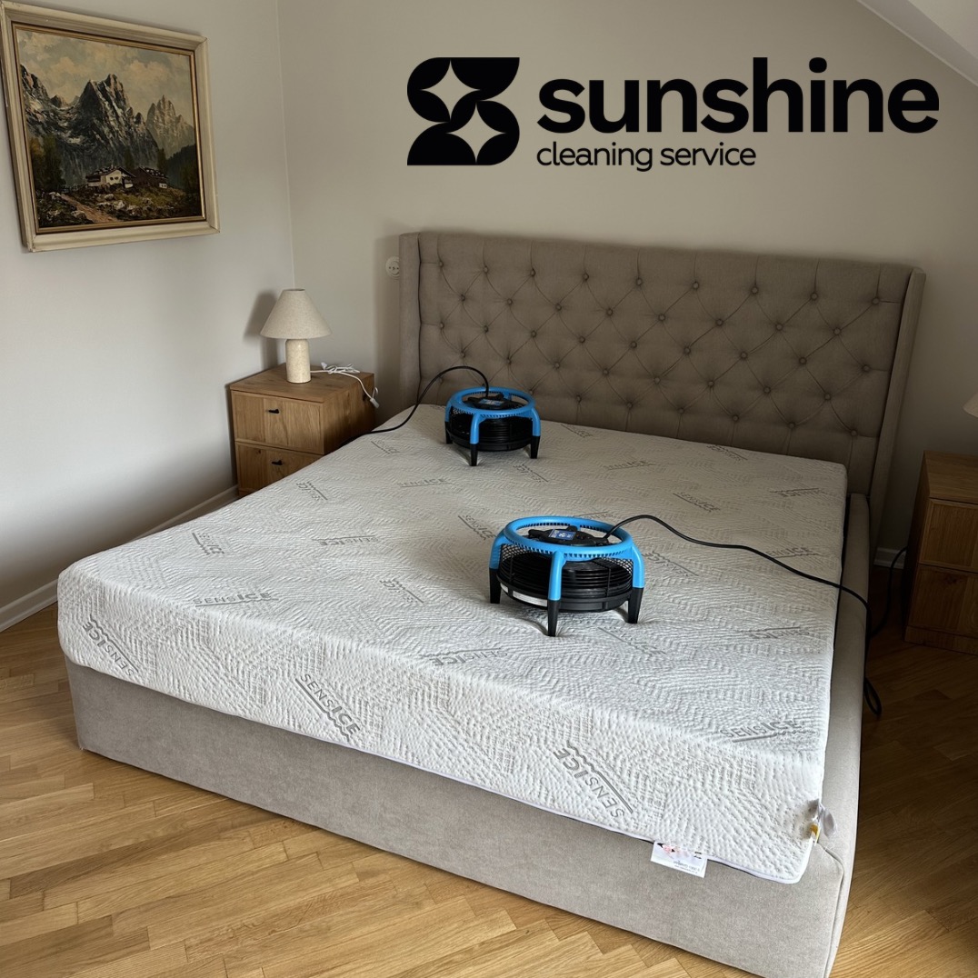 Materac łóżka podwójnego z dwoma niebieskimi urządzeniami do czyszczenia, ustawionymi na jego powierzchni. W tle szafka nocna i obraz górski.