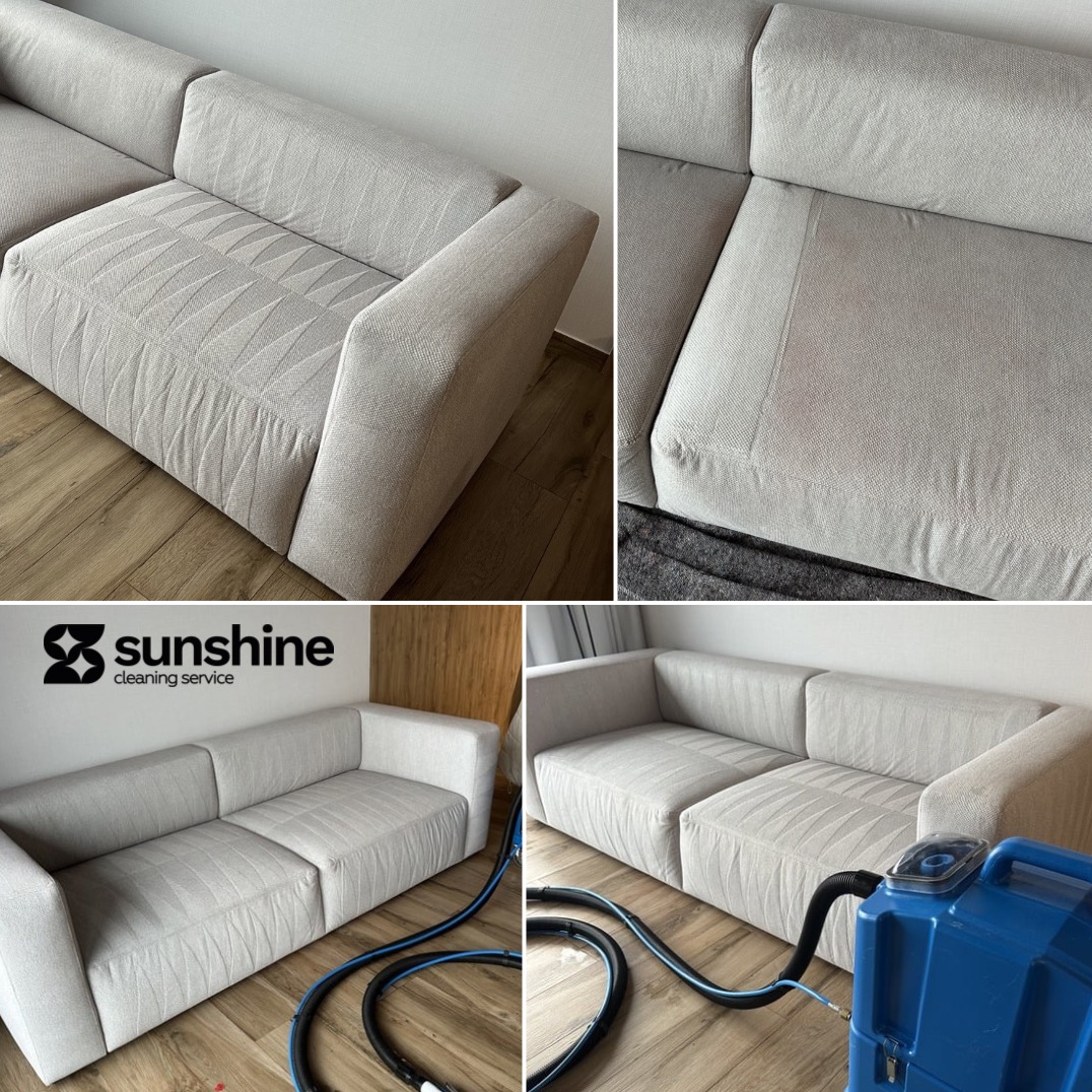 Czyszczenie narożnika modułowego z jasną tapicerką. Widoczne efekty prania na fragmencie kanapy oraz urządzenie do czyszczenia tapicerki.