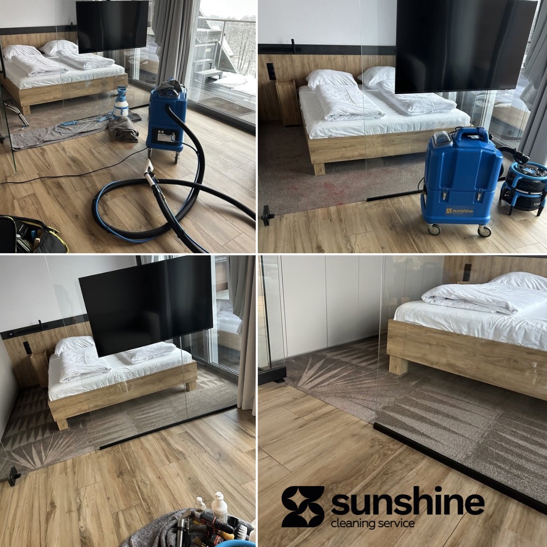 Czyszczenie dywanu w pokoju hotelowym z łóżkiem i telewizorem. Widoczny sprzęt do czyszczenia dywanów i wykładzin. Usługa czyszczenia w pokoju.