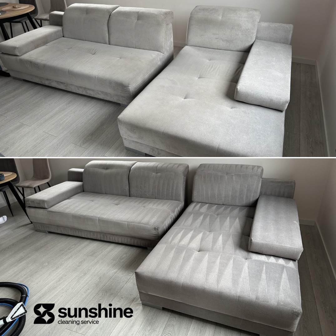 Szara kanapa narożna przed i po czyszczeniu, widoczne różnice w odcieniu i strukturze materiału. Dolne ujęcie pokazuje wzór po praniu.