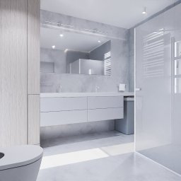 To Oni Projektują - Minimalistyczna łazienka w bieli i szarości. Wisząca toaleta, szafka z umywalkami, lustro z oświetleniem i kabina prysznicowa z półkami na kosmetyki.