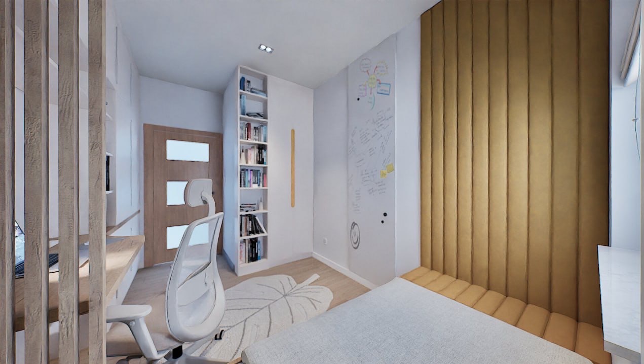 Nowoczesny pokój z biurkiem, krzesłem i łóżkiem, oddzielony drewnianą ścianką. Białe ściany z tablicą do pisania i regał z książkami. Dywan w kształcie liścia.