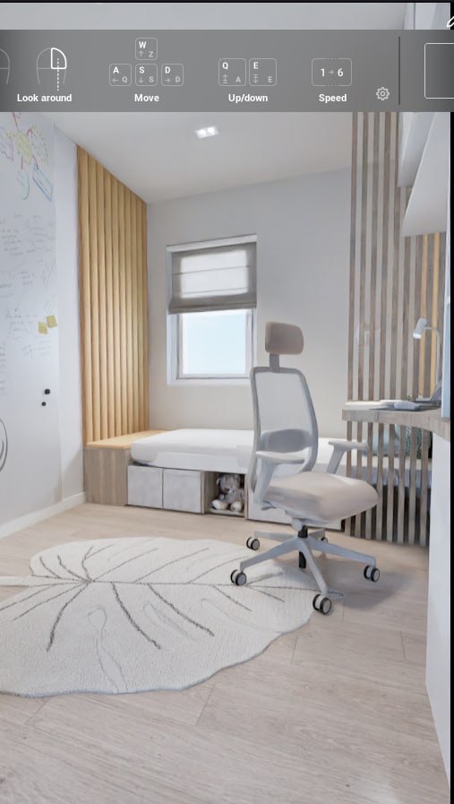 Pokój dziecięcy z biurkiem i łóżkiem w Gliwicach. Jasne drewno, białe ściany, dywan w kształcie liścia. Stonowana kolorystyka i minimalistyczny design.