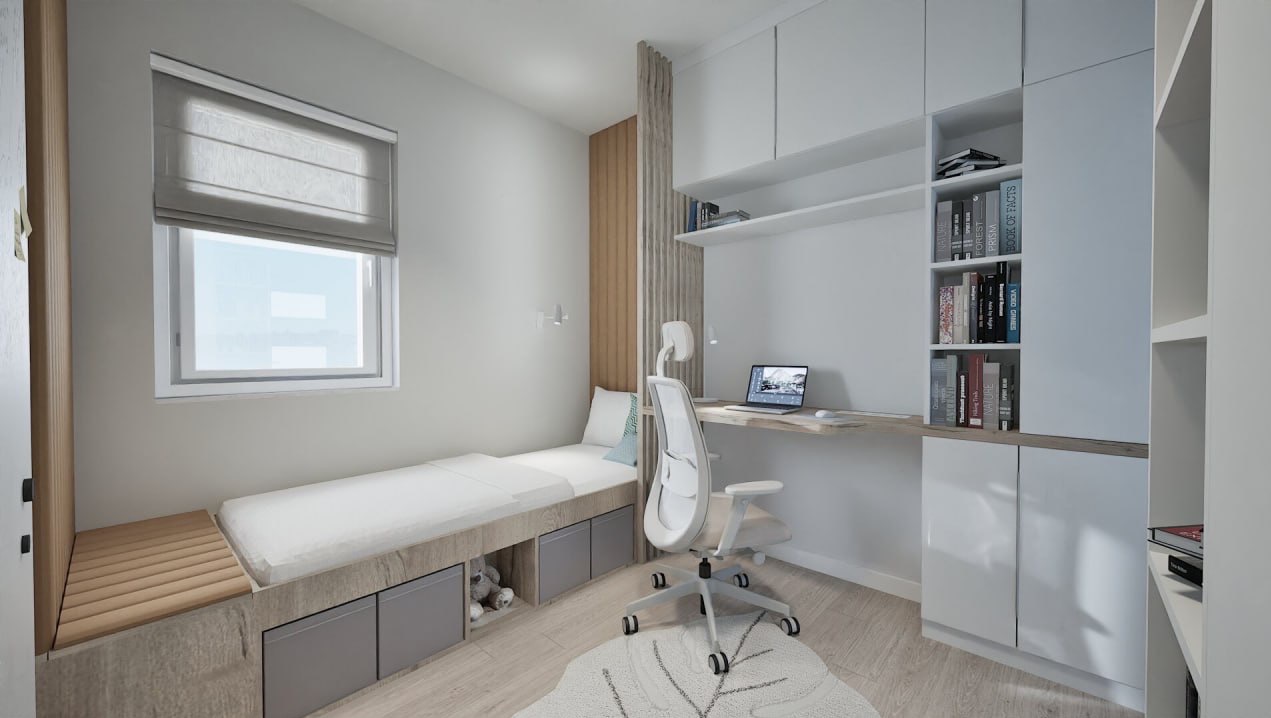 Funkcjonalny pokój młodzieżowy: łóżko z szufladami, biurko z półkami i szafkami, białe meble, okno z roletą, dywan w kształcie liścia. Nowoczesny design.