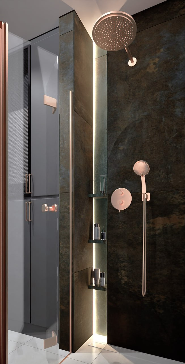 Nowoczesna kabina prysznicowa z deszczownicą i półkami, wykończona w odcieniach szarości i miedzi, z podświetleniem LED. Minimalistyczny design, eleganckie detale.