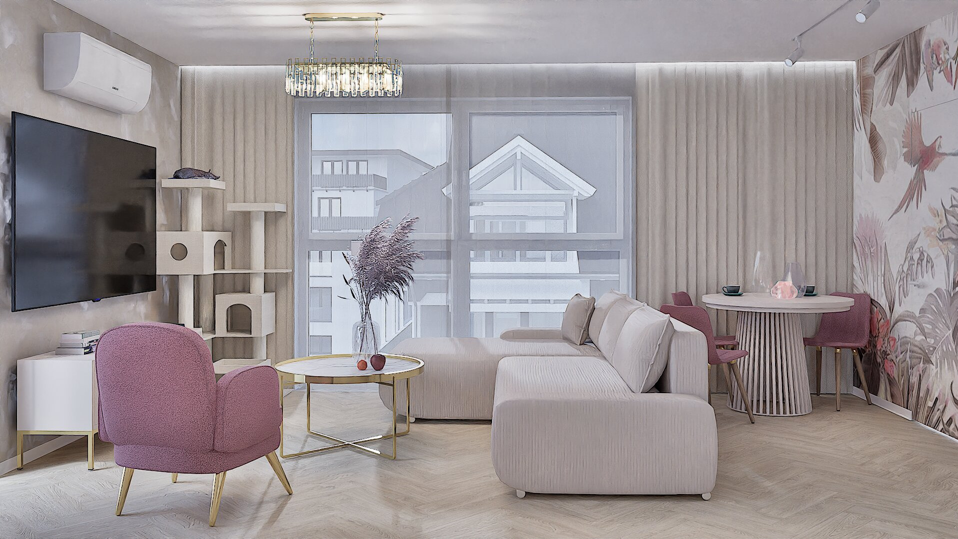 Jasny salon z beżową sofą, różowym fotelem i ścianą z motywem roślinnym. Widoczny drapak dla kota i okno z widokiem na budynek. Całość w pastelowych barwach.