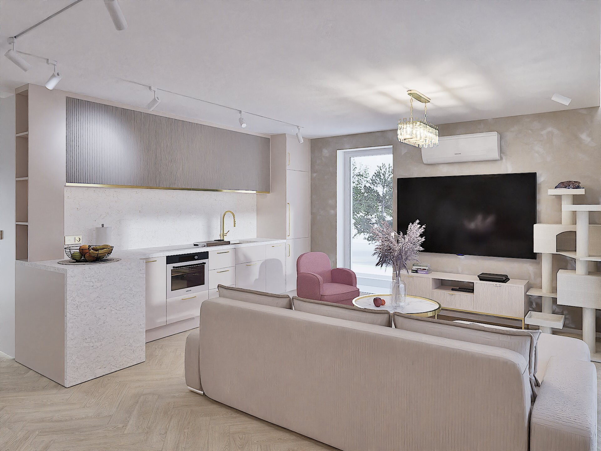 Jasne wnętrze z aneksem kuchennym i strefą relaksu w Gliwicach. Beżowa sofa, różowy fotel, telewizor i drapak dla kota. Nowoczesny design, subtelne oświetlenie.