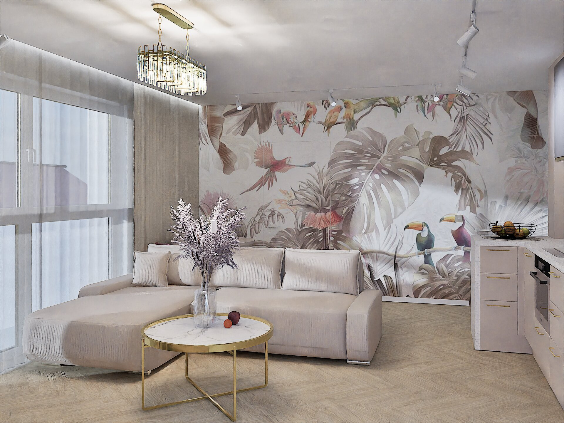 Jasny salon z narożną sofą, stolikiem kawowym z marmurowym blatem i tapetą w tropikalne liście i ptaki. Nowoczesne oświetlenie i parkiet w jodełkę.