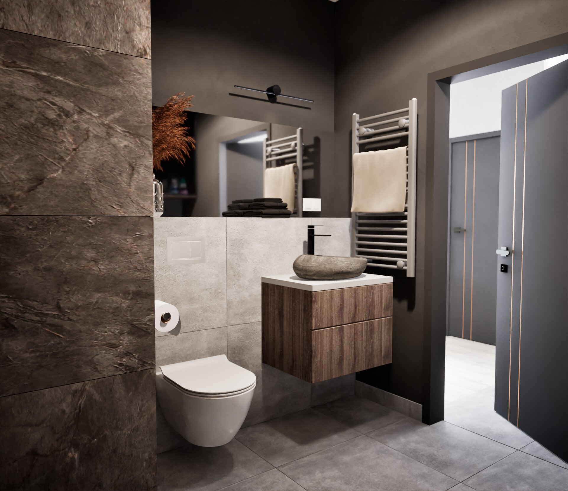 Nowoczesna łazienka z umywalką w kształcie kamienia, drewnianą szafką, wiszącą toaletą i grzejnikiem drabinkowym. Ciemne ściany i szare płytki podłogowe.