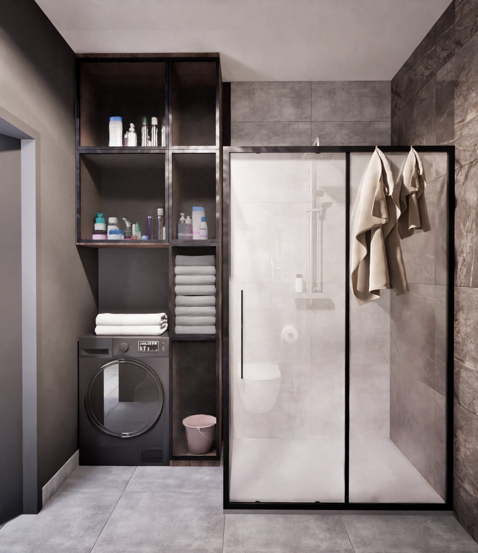 Nowoczesna łazienka w szarościach: kabina prysznicowa typu walk-in z czarną ramą, pralka obok regału z półkami na kosmetyki i ręczniki. Minimalistyczny design.