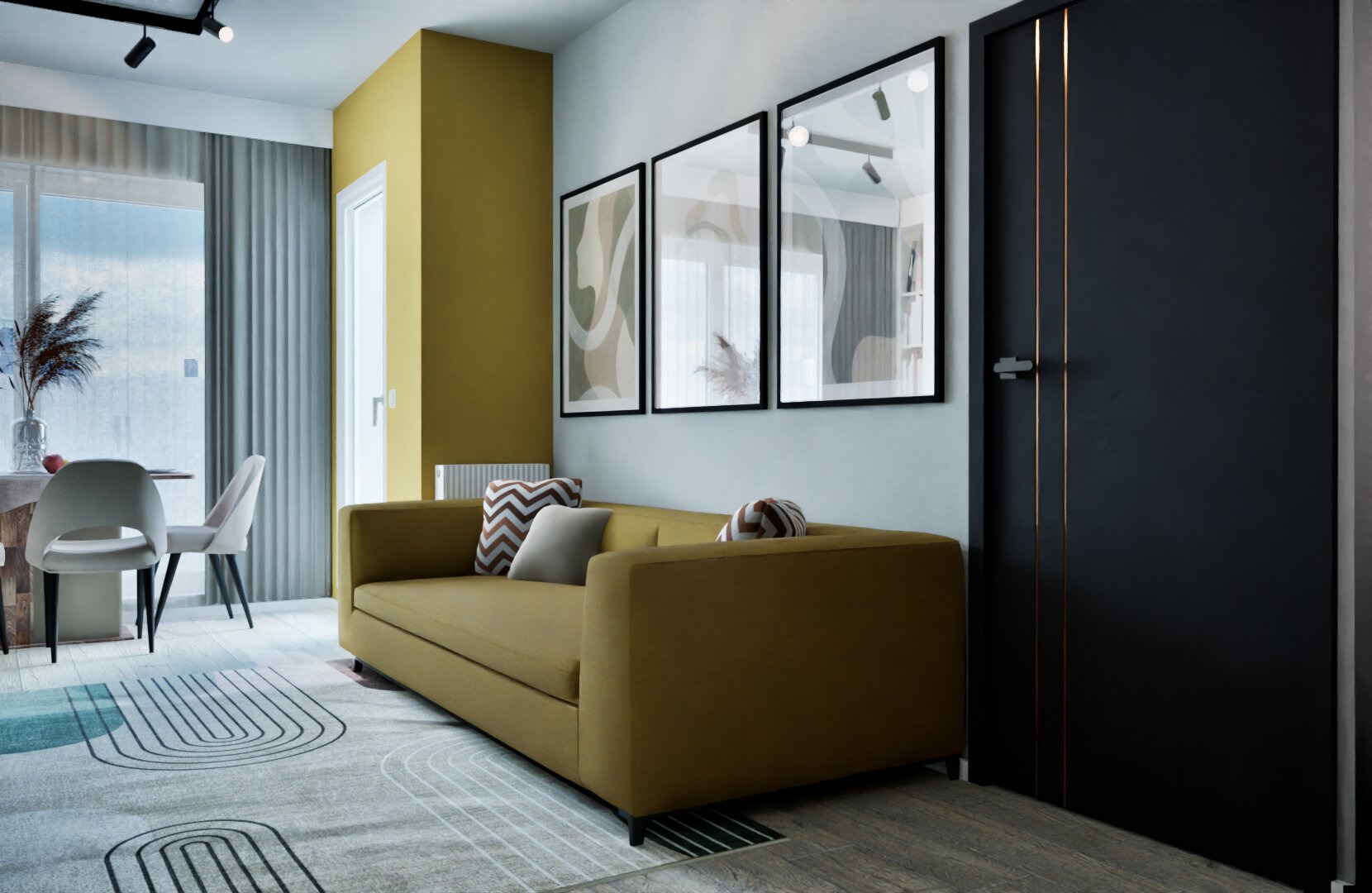 Nowoczesny salon z musztardową sofą, geometrycznym dywanem i czarnymi drzwiami z miedzianymi akcentami. Trzy abstrakcyjne obrazy w czarnych ramach nad sofą.