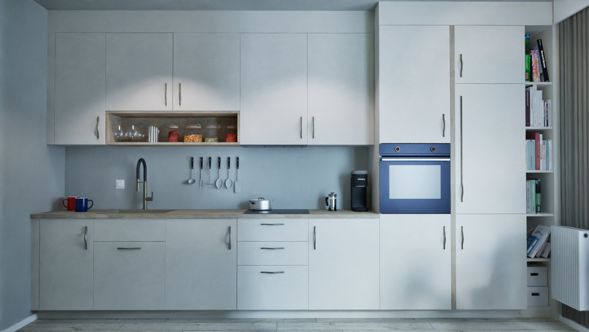 Nowoczesna, jasnoszara kuchnia z drewnianym blatem, niebieskim piekarnikiem i otwartą półką z przyprawami. Minimalistyczny design, oświetlenie punktowe.