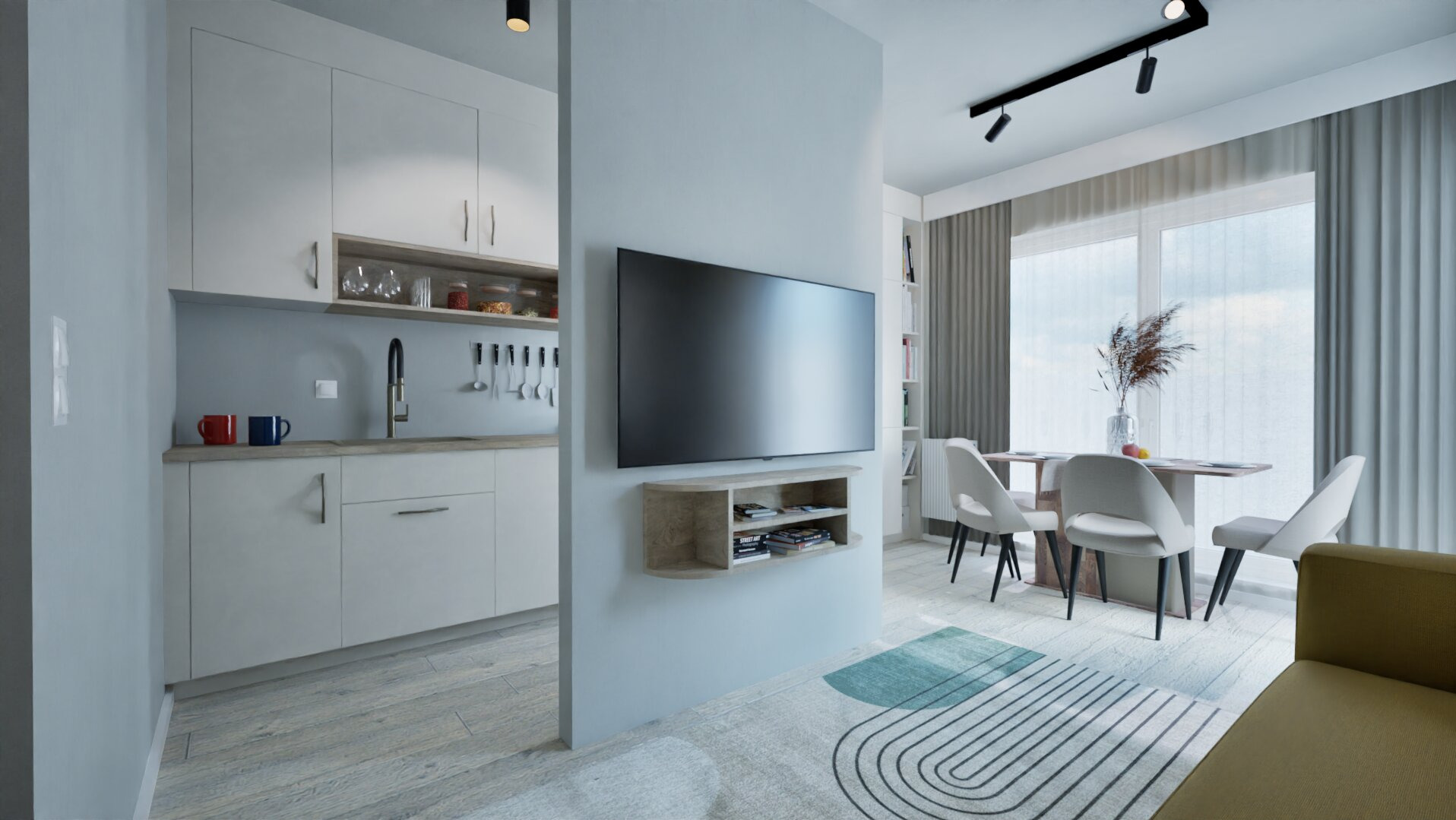 Nowoczesne wnętrze: minimalistyczna kuchnia z białymi szafkami, telewizor na ścianie oddzielającej od jadalni z oknem i krzesłami w jasnych barwach.