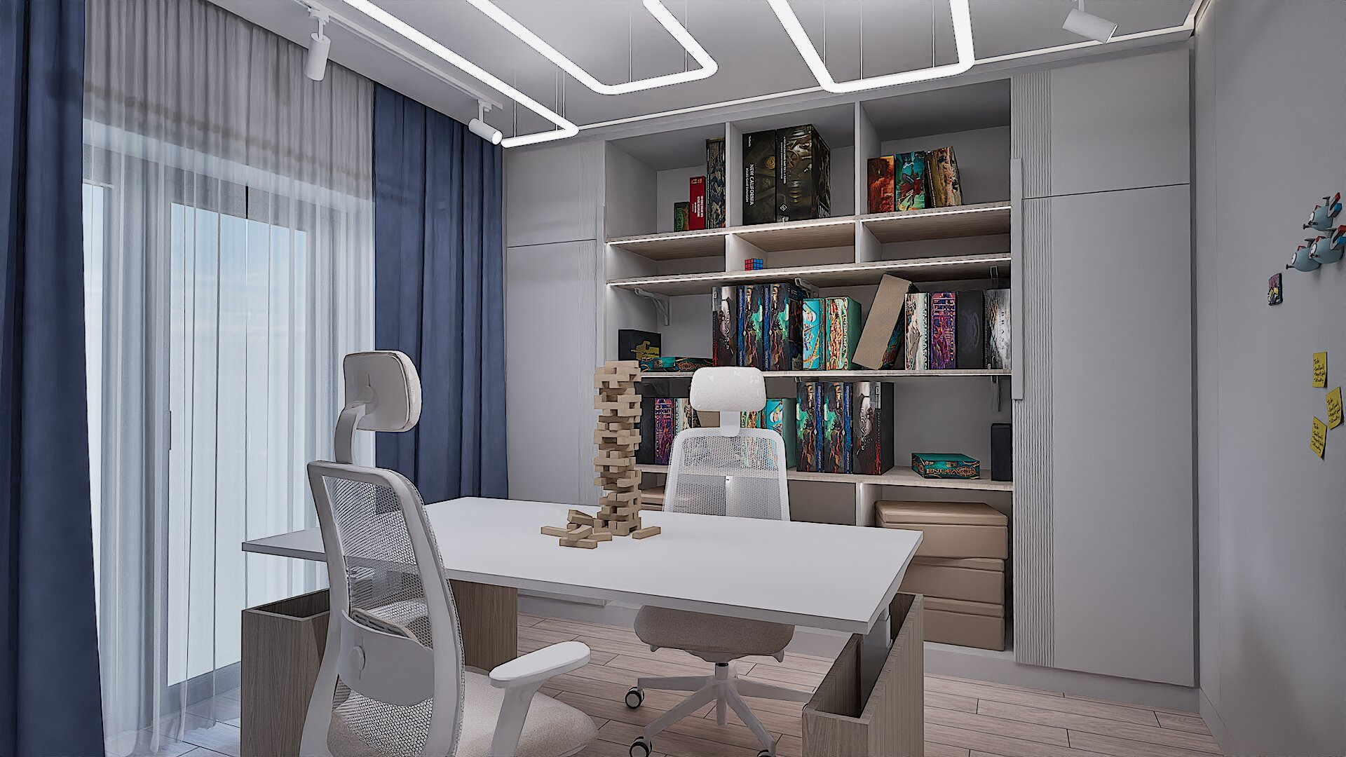 Nowoczesny pokój dziecięcy z białym biurkiem, krzesłami i regałem na książki. Na biurku drewniana wieża Jenga. Niebieskie zasłony w oknie. Minimalistyczne oświetlenie sufitowe.