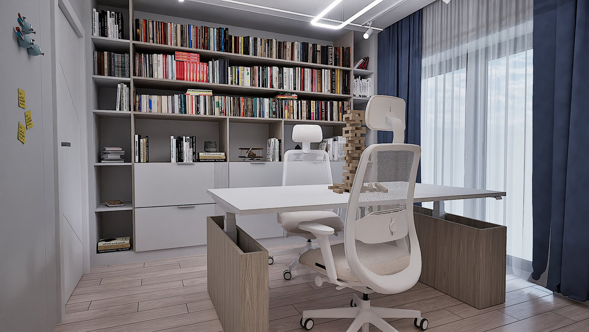 Nowoczesny gabinet z białym biurkiem, krzesłami i regałem pełnym książek. Jasne drewno na podłodze i zasłony w odcieniach błękitu dopełniają aranżacji.