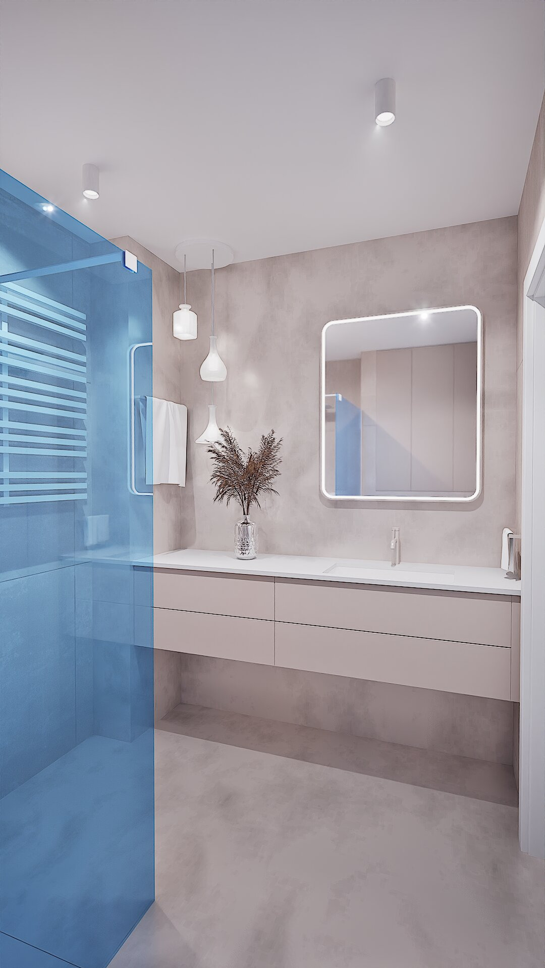 Nowoczesna łazienka z przeszklonym prysznicem, beżową szafką pod umywalką i lustrem z podświetleniem LED. Minimalistyczne lampy wiszące i dekoracyjny wazon z trawą pampasową.