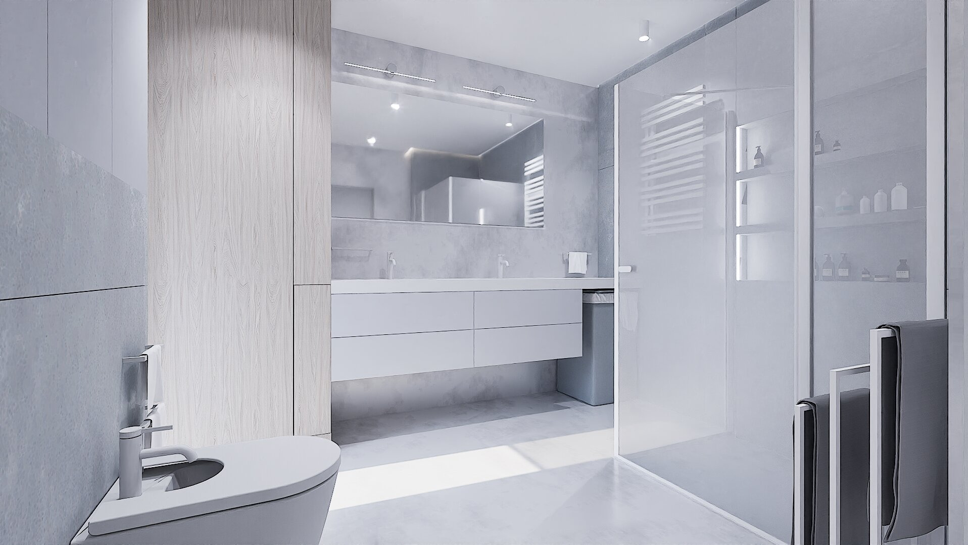 Minimalistyczna łazienka w bieli i szarości. Wisząca toaleta, szafka z umywalkami, lustro z oświetleniem i kabina prysznicowa z półkami na kosmetyki.