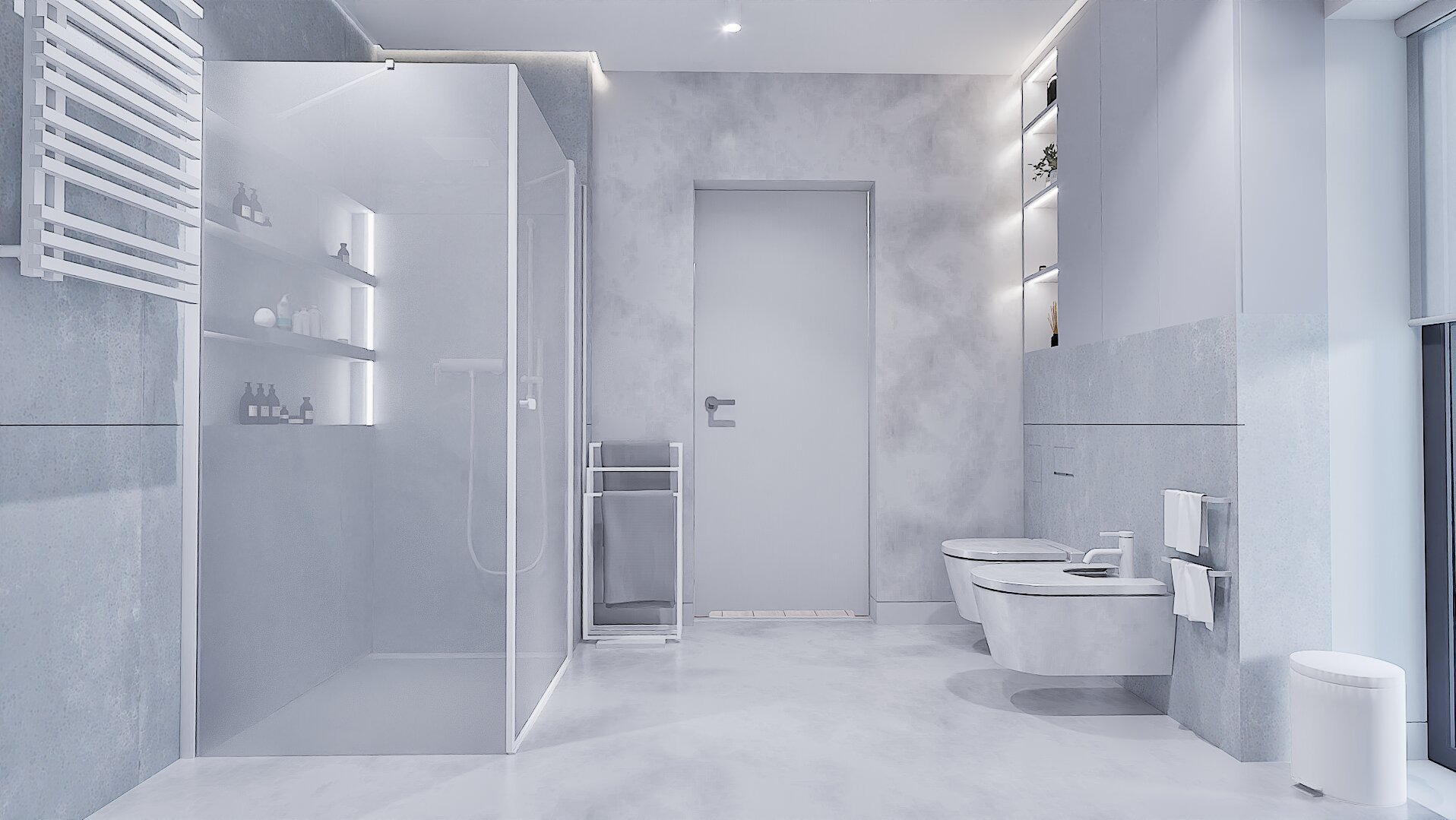 Minimalistyczna łazienka w odcieniach szarości z kabiną prysznicową typu walk-in, podświetlanymi półkami i wiszącą toaletą. Nowoczesny design z betonową teksturą ścian.