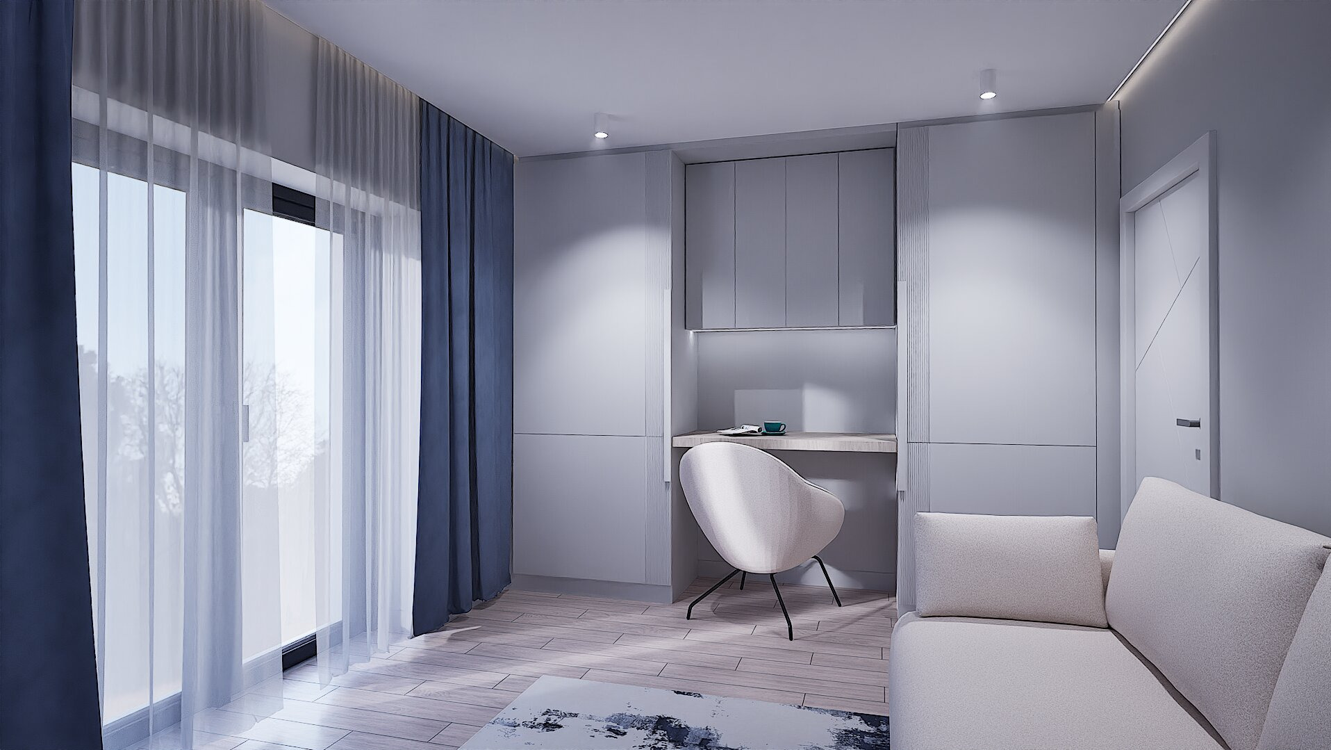 Nowoczesny pokój dzienny z miejscem do pracy: białe meble, biurko z krzesłem, sofa z poduszką, zasłony w odcieniach szarości i błękitu, drewniana podłoga.