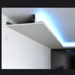 Nowoczesna półka sufitowa z oświetleniem LED w minimalistycznym wnętrzu. Biała ściana kontrastuje z czarną mozaiką. Subtelne, niebieskie światło.