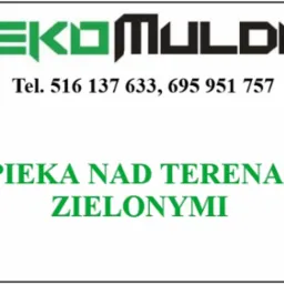 Logo firmy EkoMulda z numerami telefonów i hasłem 'Opieka nad terenami zielonymi' napisanym zieloną czcionką na białym tle.