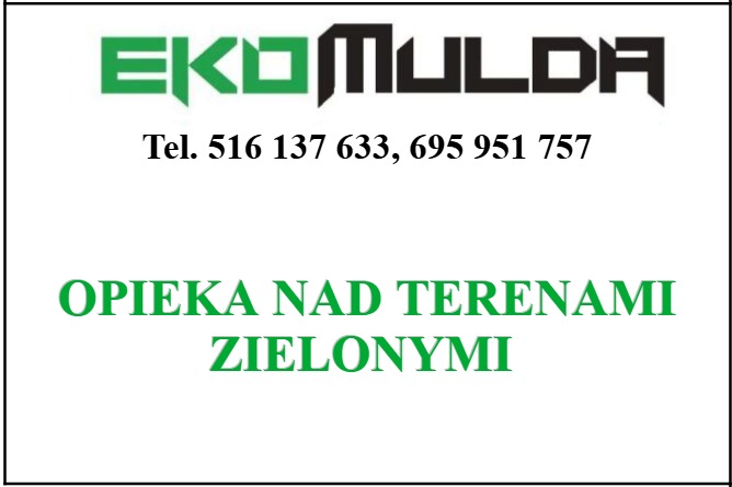 Logo firmy EkoMulda z numerami telefonów i hasłem 'Opieka nad terenami zielonymi' napisanym zieloną czcionką na białym tle.