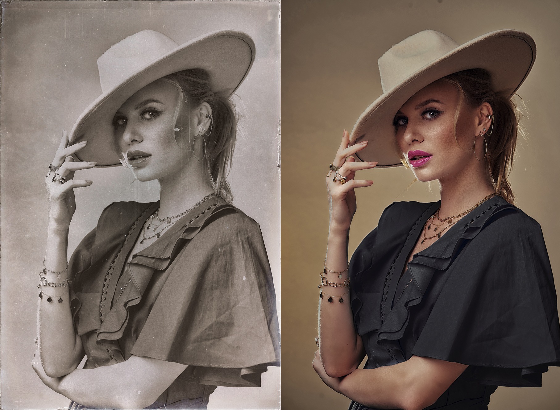 Portret kobiety w kapeluszu, efekt 'przed i po' obróbki graficznej. Po lewej stylizacja retro, po prawej nowoczesna, z wyraźnym makijażem i biżuterią.