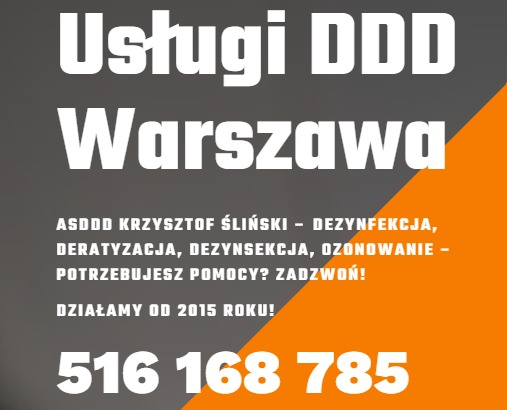Usługi DDD w Warszawie: dezynfekcja, deratyzacja, dezynsekcja, ozonowanie. Kontakt: ASDDD Krzysztof Śliński, tel. 516 168 785. Działamy od 2015 roku.