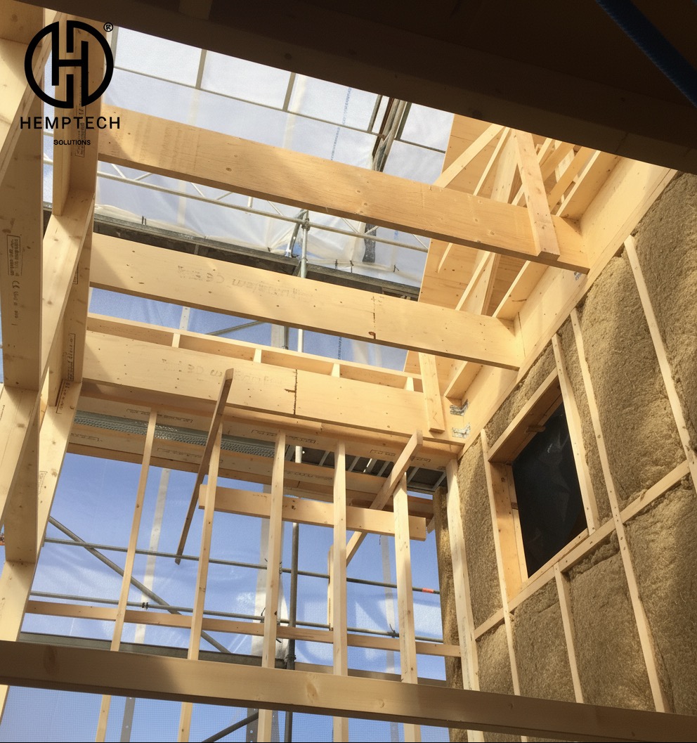 Wnętrze domu w trakcie budowy, widoczna drewniana konstrukcja szkieletowa, ocieplenie ścian wełną mineralną, okno. Ujęcie z dołu, widoczne niebo przez otwory w konstrukcji.