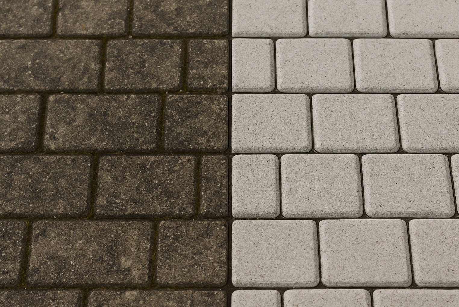 Kostka brukowa: połowa wyczyszczona, druga pokryta brudem. Widoczny kontrast czystości po lewej i prawej stronie. Precyzyjne ułożenie kostki, szare odcienie.