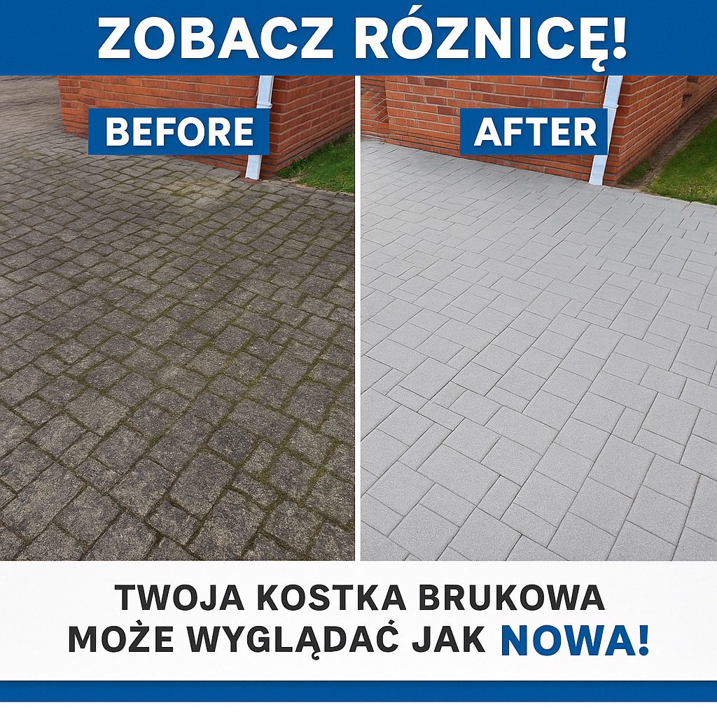 Efekt czyszczenia kostki brukowej: porównanie stanu przed i po. Po lewej stronie kostka pokryta mchem i zabrudzeniami, po prawej czysta, szara kostka brukowa.