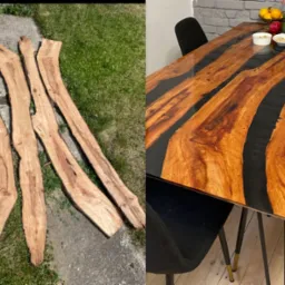 Stół z żywicą epoksydową: surowe deski na trawie i gotowy mebel z czarną żywicą, widok z góry na blat, krzesła i owoce w tle.