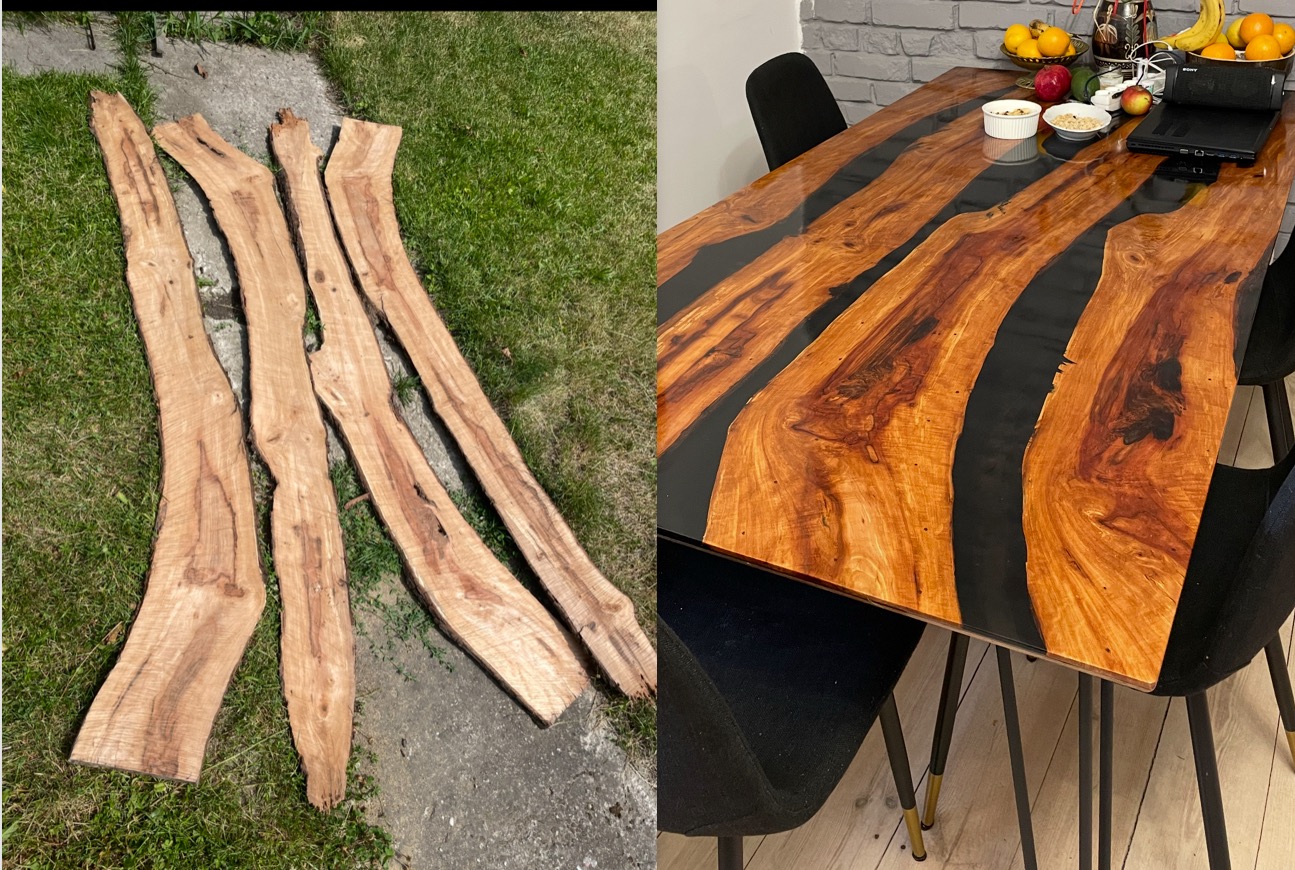 Stół z żywicą epoksydową: surowe deski na trawie i gotowy mebel z czarną żywicą, widok z góry na blat, krzesła i owoce w tle.