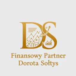 Złote logo 'DS Finansowy Partner Dorota Sołtys' na jasnym tle. Wkomponowane grafiki: wykresy, monety, strzałki, budynki. Symbolizuje finanse i partnerstwo.