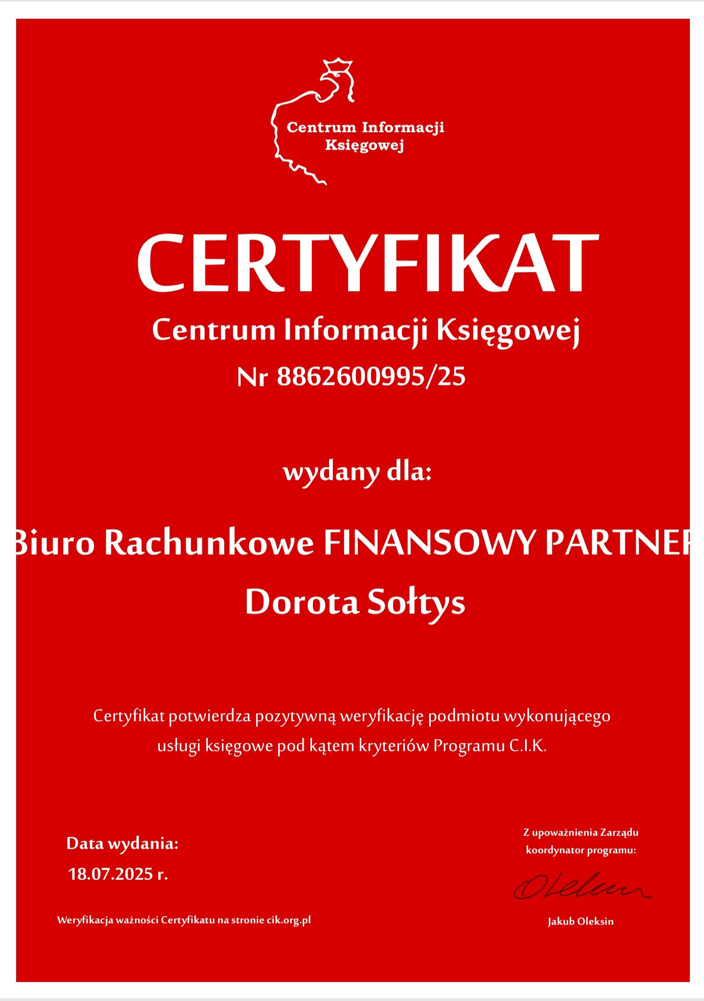 Certyfikat Centrum Informacji Księgowej nr 8862600995/25 dla Biura Rachunkowego Finansowy Partner Doroty Sołtys, potwierdzający pozytywną weryfikację usług księgowych.
