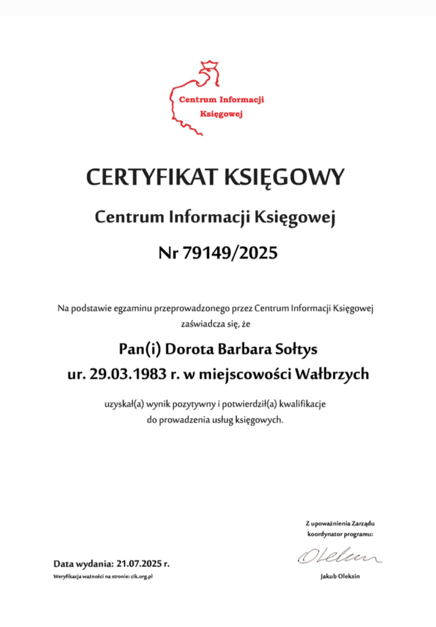 Certyfikat księgowy Centrum Informacji Księgowej nr 79149/2025 dla Doroty Barbary Sołtys, potwierdzający kwalifikacje do prowadzenia usług księgowych.