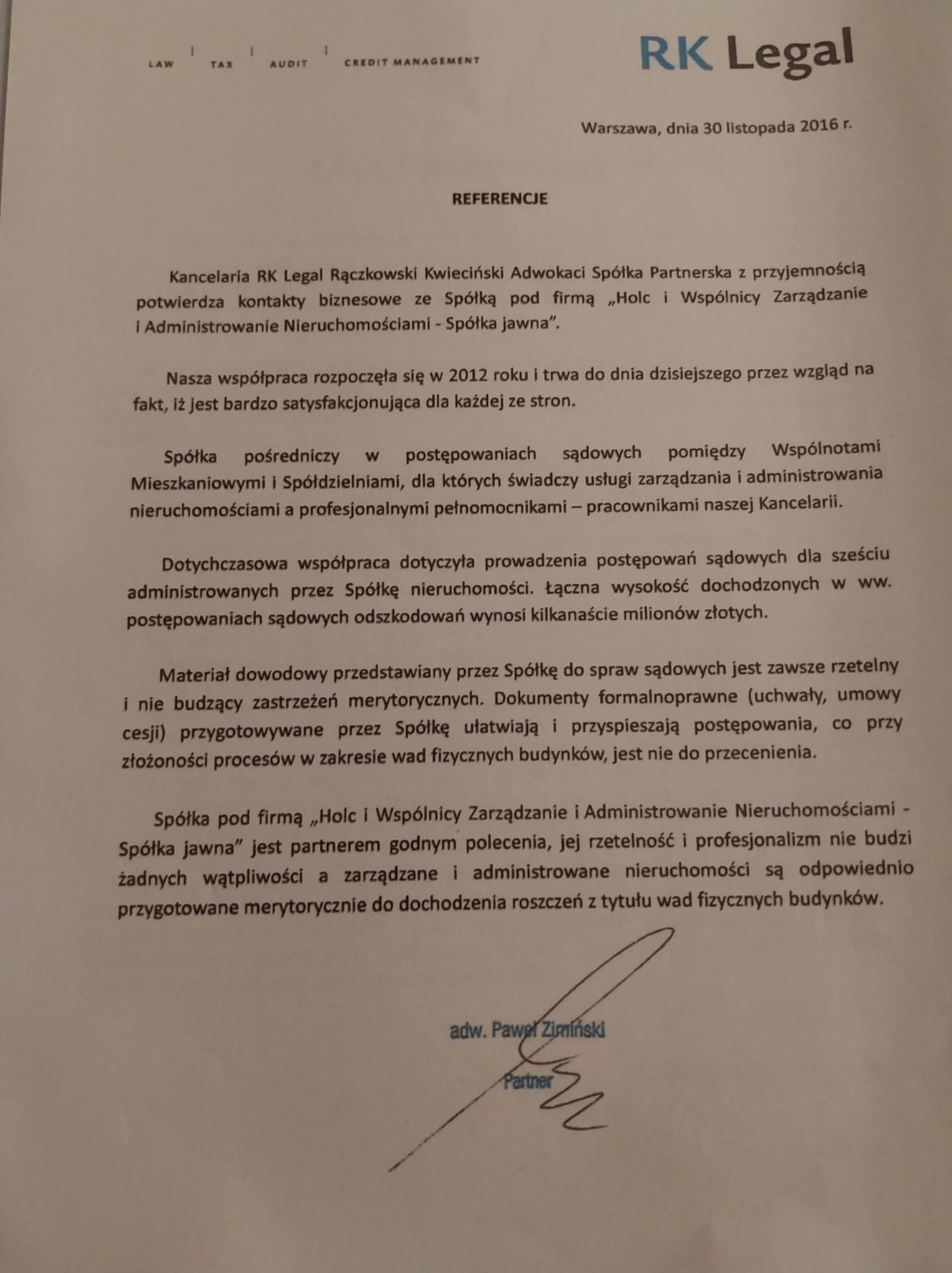 Skan referencji dla RK Legal od Holc i Wspólnicy, potwierdzający współpracę w zarządzaniu nieruchomościami i postępowaniach sądowych. Podpis adwokata Pawła Ziemińskiego.