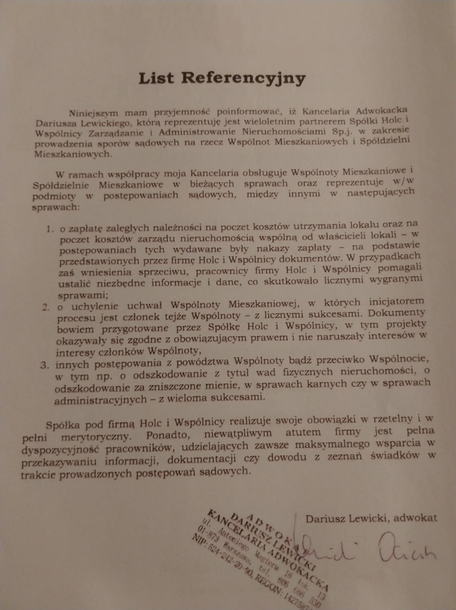 List referencyjny od kancelarii adwokackiej Dariusza Lewickiego dla Spółki Holc i Wspólnicy, potwierdzający współpracę w sprawach wspólnot mieszkaniowych.