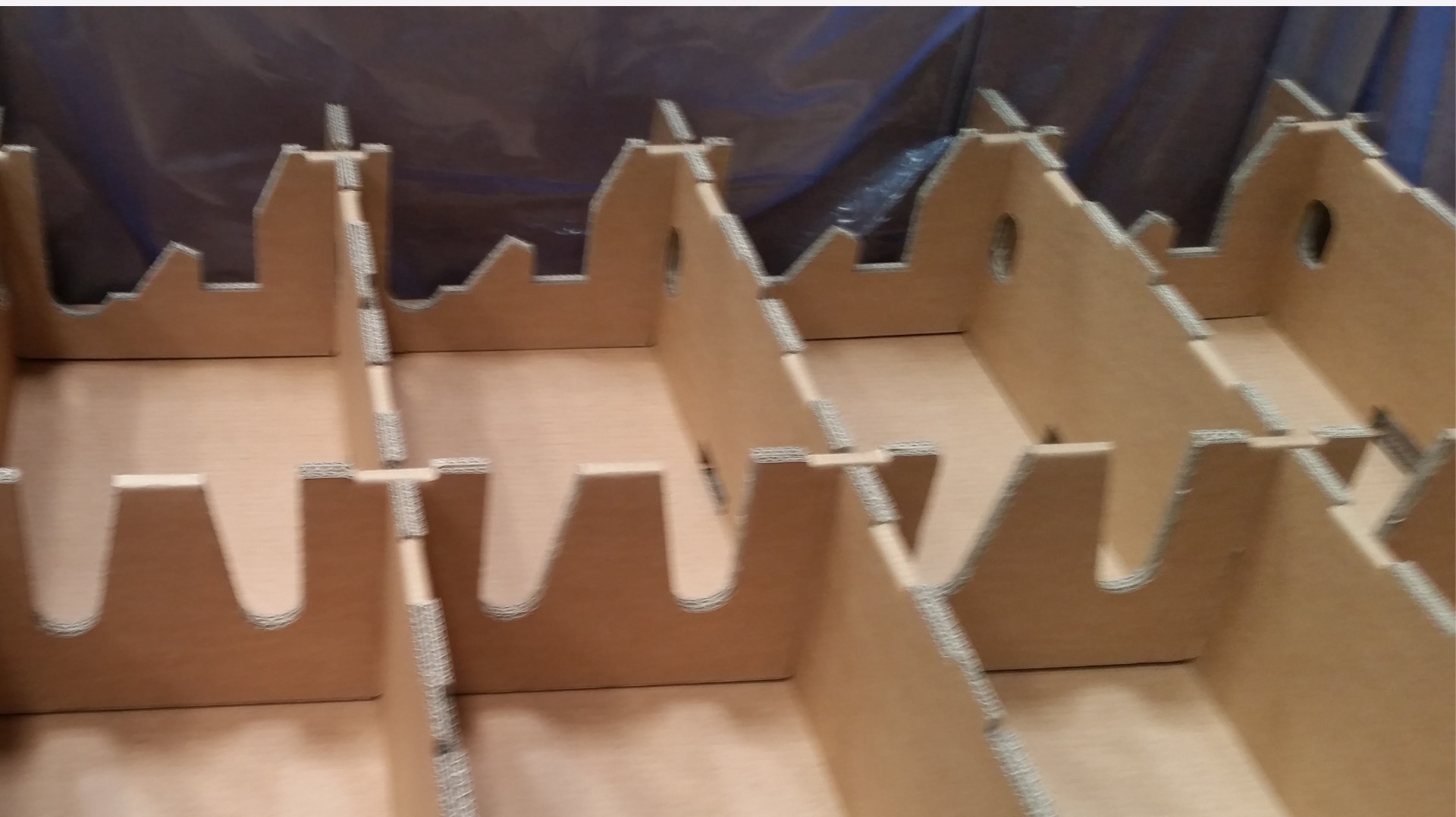 Wnętrze kartonowego opakowania z przegródkami, widok z góry. Brązowy karton, szare krawędzie, otwory w ściankach. Tło rozmyte, niebiesko-szare.