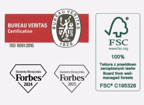 Certyfikaty i nagrody: Bureau Veritas (ISO 9001:2015), FSC (100% tektury z zarządzanych lasów), Diamenty Forbesa 2024 i 2025, prezentowane na białym tle.