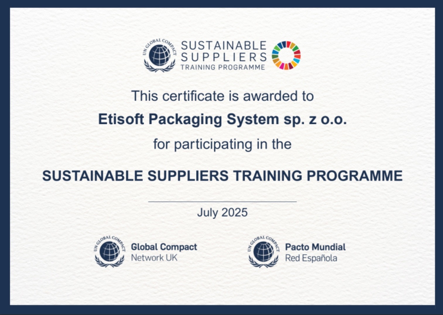 Certyfikat dla Etisoft Packaging System sp. z o.o. za udział w programie Sustainable Suppliers Training Programme, lipiec 2025.