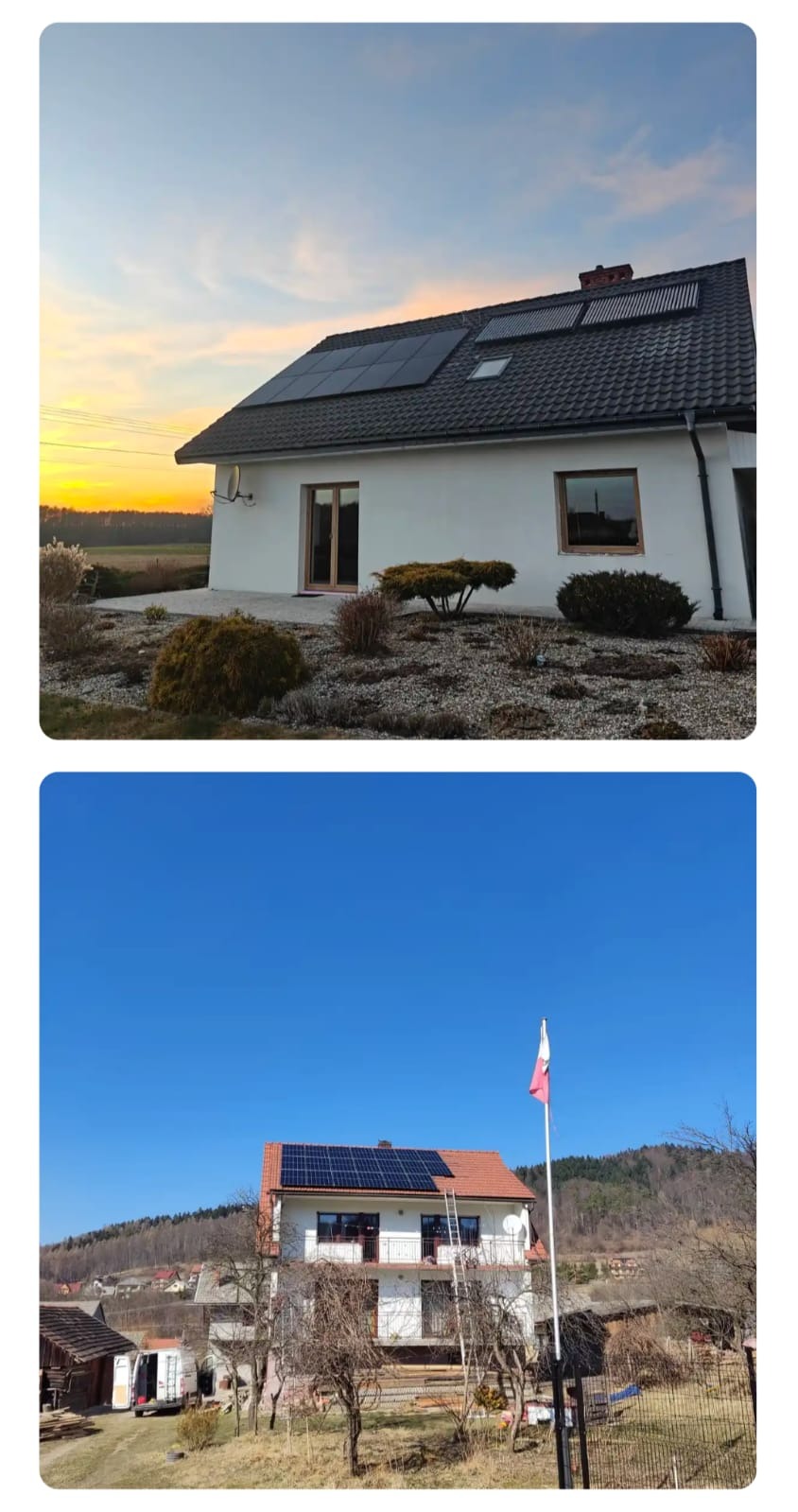 Biały dom jednorodzinny z panelami fotowoltaicznymi na dachu, widok z zewnątrz o zachodzie słońca. Drugi dom z panelami i polską flagą w tle.
