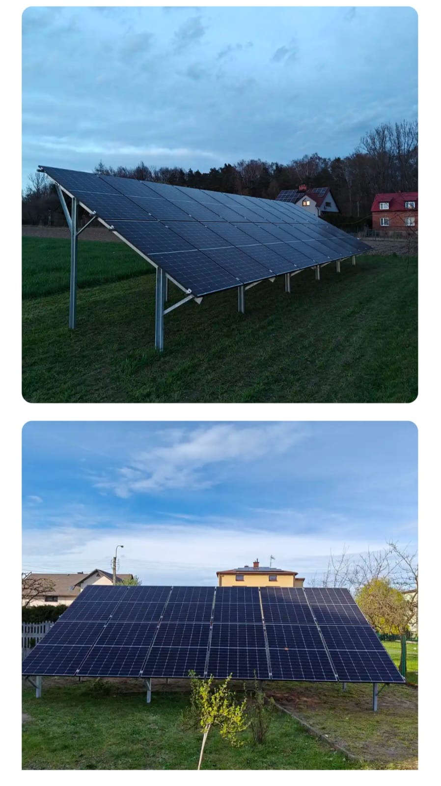 Dwa ujęcia instalacji fotowoltaicznej na trawiastym terenie, z domami w tle. Panele zamontowane na metalowej konstrukcji, widoczne przy różnym oświetleniu nieba.