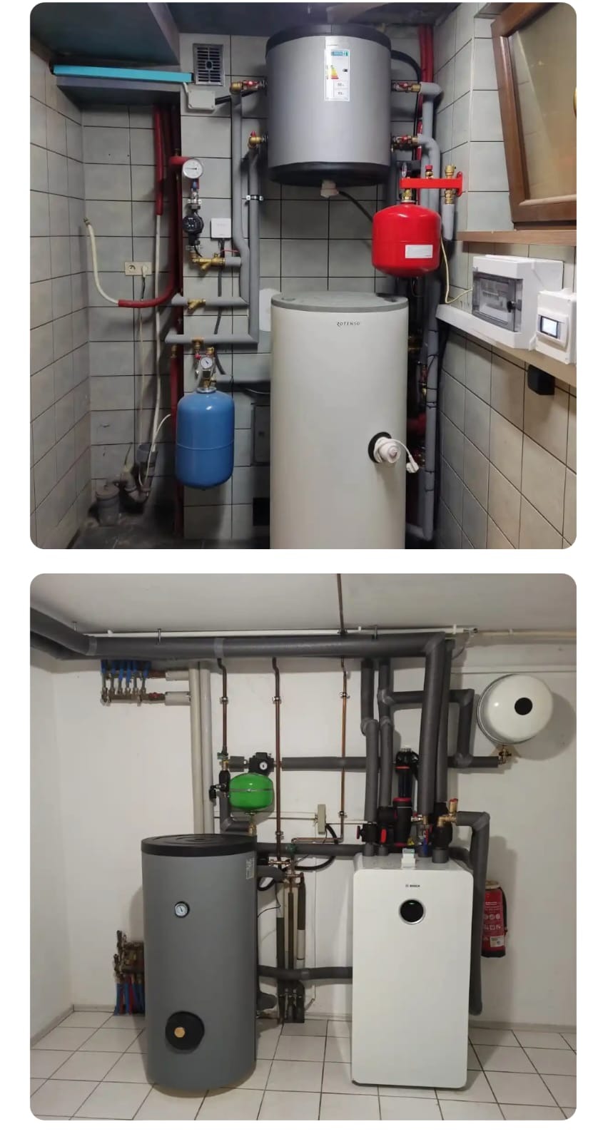 Dwa ujęcia kotłowni z różnymi zbiornikami i instalacjami: szary i biały zbiornik, rury, zawory, manometry. Kotłownia z wyłożonymi kafelkami.