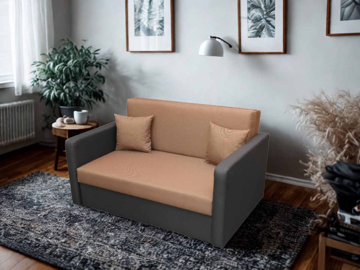 Beżowa sofa dwuosobowa z poduszkami w szarym obramowaniu, na tle pokoju z roślinami i dekoracjami ściennymi, na wzorzystym dywanie.