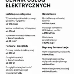 Cennik usług elektrycznych firmy Smartvolt: instalacje, oświetlenie, pomiary, przeglądy, naprawy i modernizacje. Wykaz cen za poszczególne usługi.