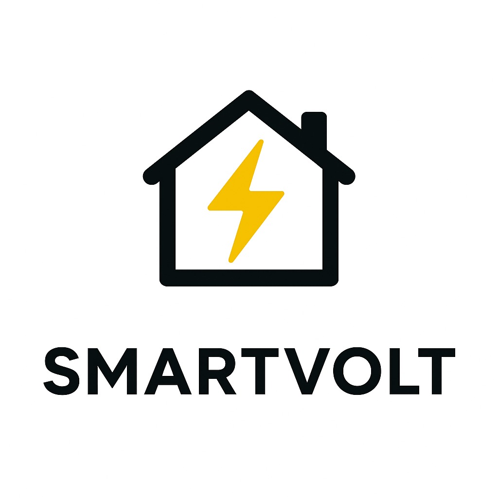 Logo firmy SmartVolt: czarny obrys domu z żółtą błyskawicą w środku, nazwa firmy poniżej, na białym tle.
