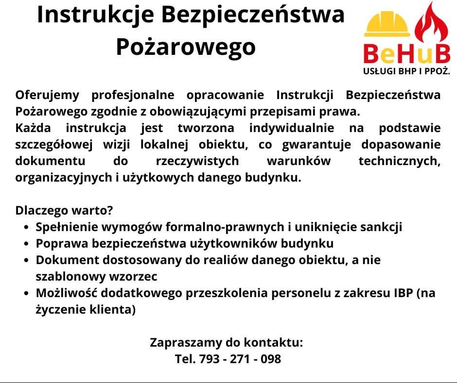 Instrukcje bezpieczeństwa pożarowego, oferta profesjonalnego opracowania, logo BeHuB Usługi BHP i PPOŻ, kontakt telefoniczny.