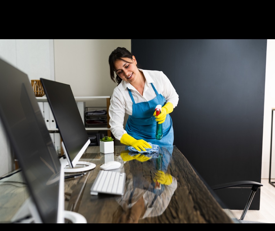 Uśmiechnięta kobieta w fartuchu i żółtych rękawicach czyści biurko w biurze, używając niebieskiej szmatki i butelki ze sprayem. Widoczne monitory i akcesoria biurowe.