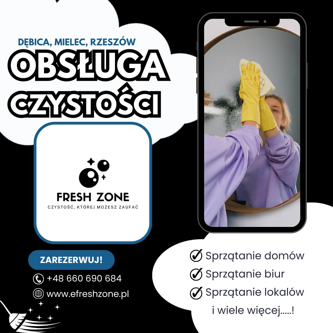 Kobieta w żółtych rękawicach czyści lustro, odbijając się w nim. Grafika reklamowa firmy sprzątającej z logo Fresh Zone i hasłem: Czystość, której możesz zaufać.